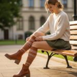 Stylowa kobieta siedzi na ławce w parku, poprawiając podkolanówki, w casualowym stroju i botkach.