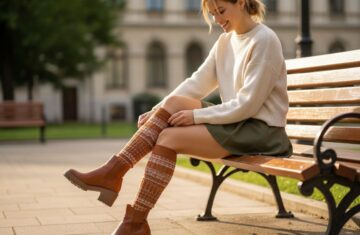 Stylowa kobieta siedzi na ławce w parku, poprawiając podkolanówki, w casualowym stroju i botkach.