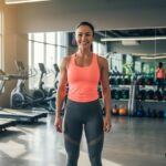 Atletyczna kobieta w nowoczesnym ubraniu sportowym stoi w jasnej siłowni z maszynami i lustrami.